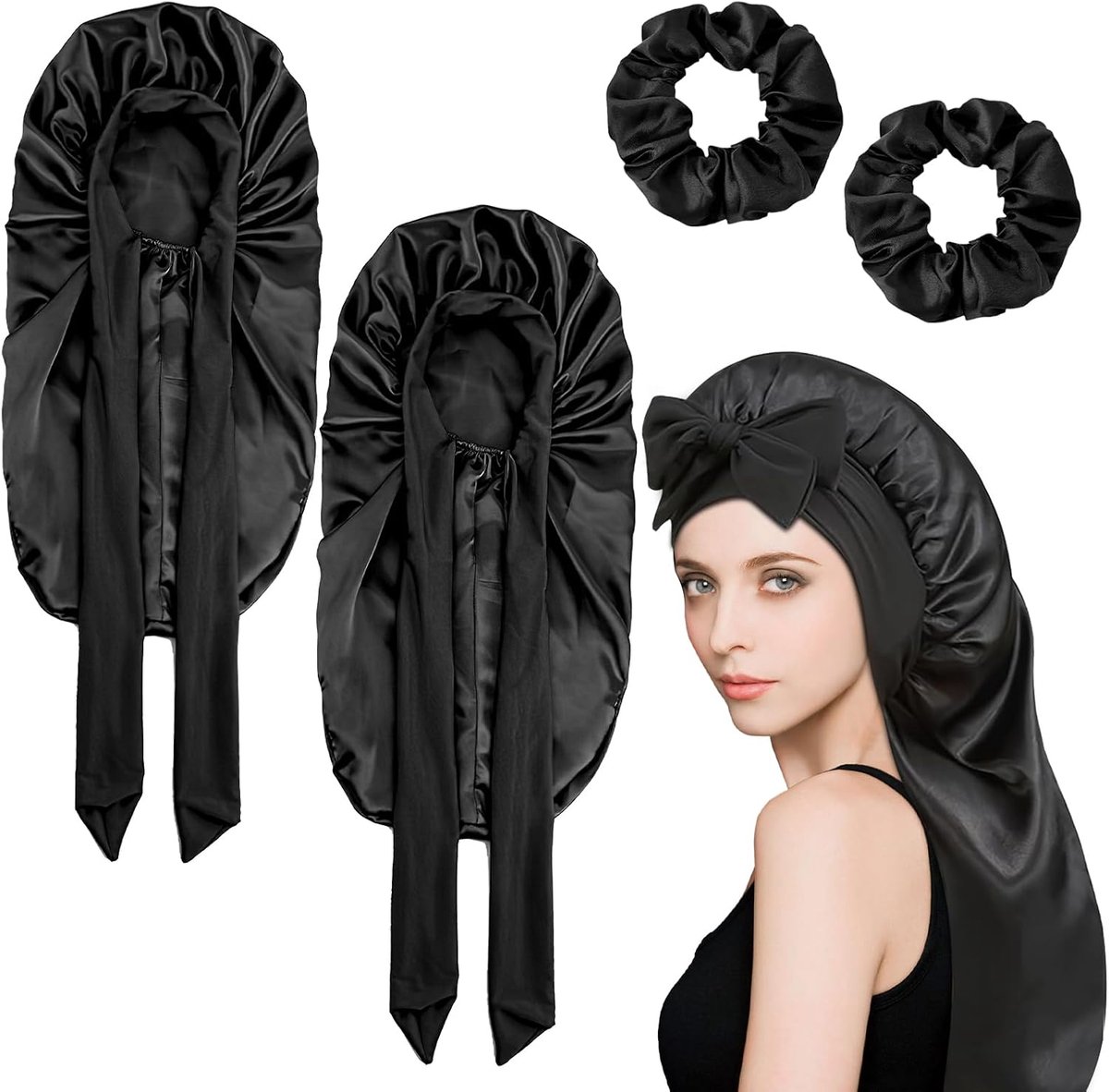 Sleep Cap en 2 stuks haarelastiekjes zwart, zijden kap voor het slapen lang haar kap om te slapen zijden haarkap voor 's nachts zijden muts haar slaapmuts zijde lang haar bescherming