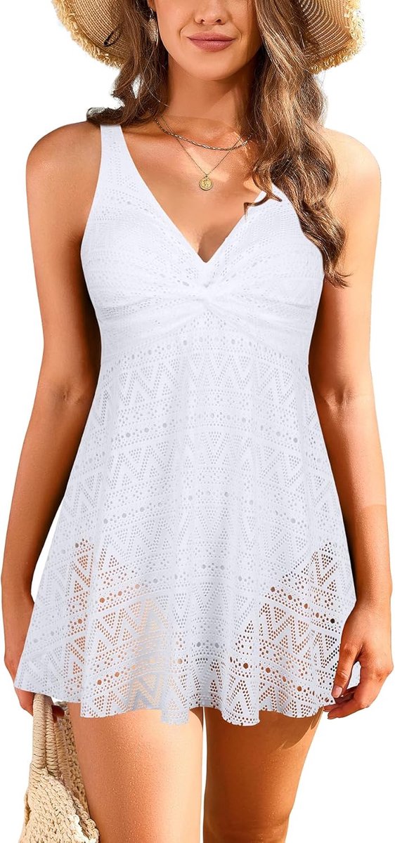 Eendelig badpak voor dames, buikweg, elegante badpakjurk, vloeiende zwemjurk met kant, V-hals, badmode, badpak met rok
