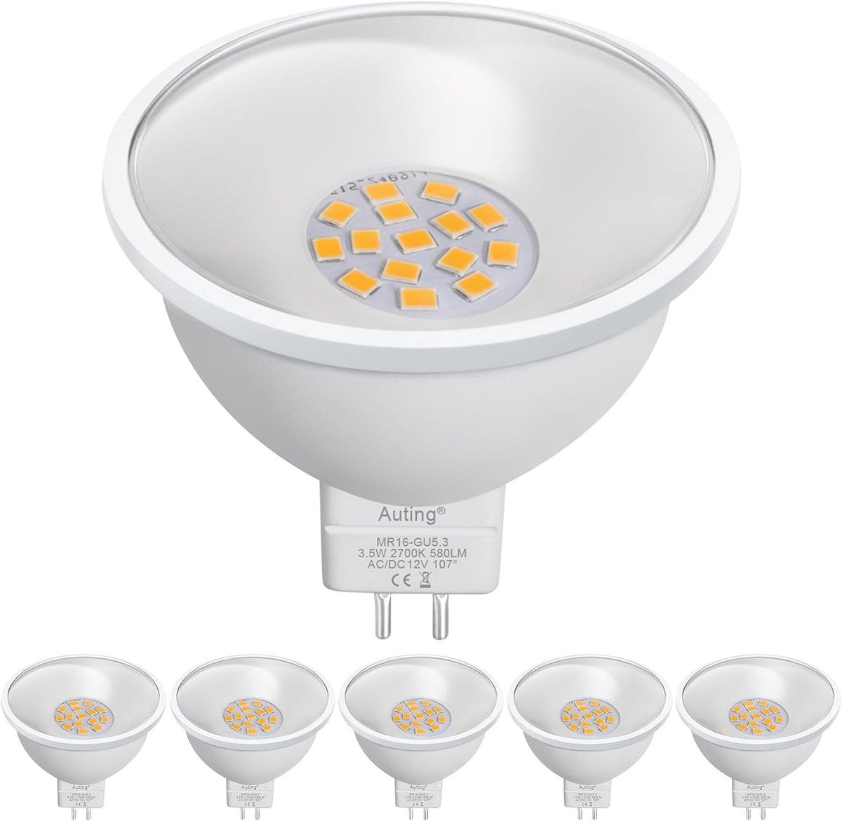 Energiebesparende LED Lamp GU5.3 MR16 3.5W Vervangt 50W Halogeen, 2700K Warm Wit, Flickervrij, 580lm, 12V, Reflector met 107° Lichtverspreiding, 6-Pack