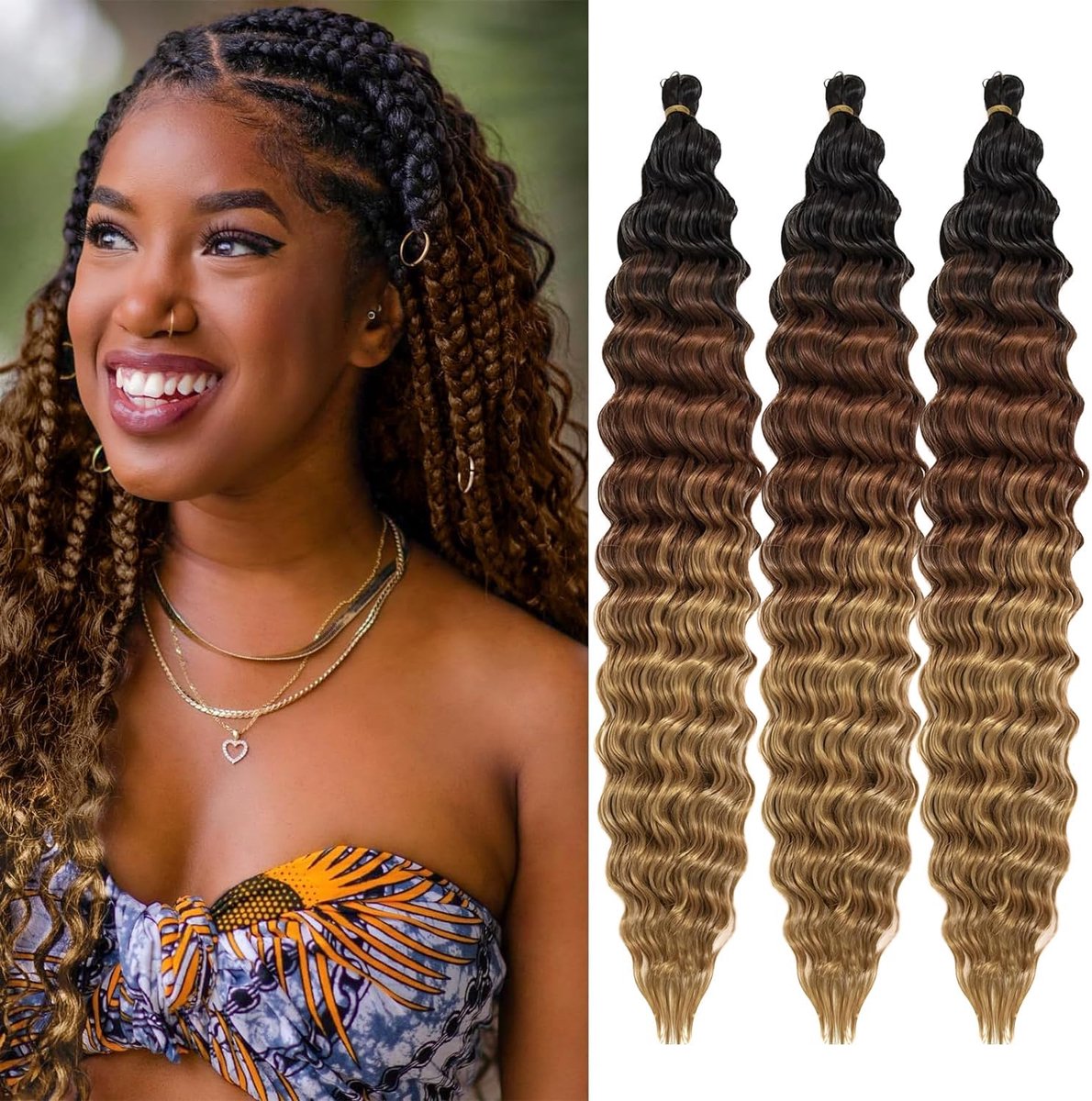 Wave gevlochten haar voor zwarte vrouwen, Deep Wave crochet Hair Ocean Wave crochet, synthetische haarextensie voor boho vlechten (1B/30/27#, 51 cm, verpakking van 3 stuks)