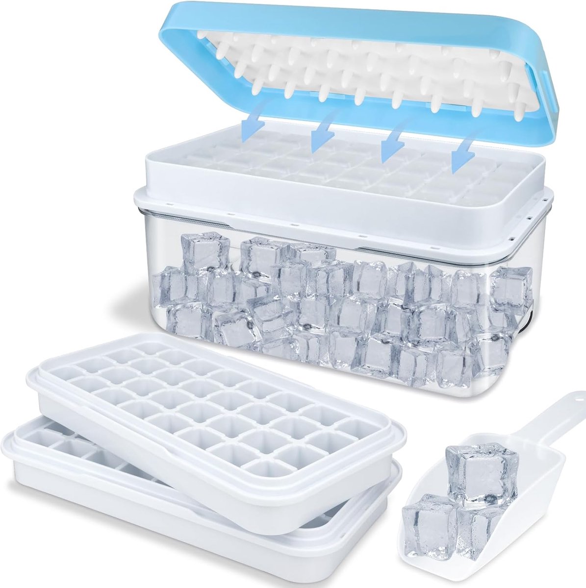 Ijsblokjesvorm met Deksel, Ijsblokjeshouder met 64 Stuks Ijsblokjes, Ijsblokjeshouder Eenvoudige Druk om het Ijs te Laten Ontsnappen, Ice Freezer Container voor Cocktail, Whiskey (Blauw)