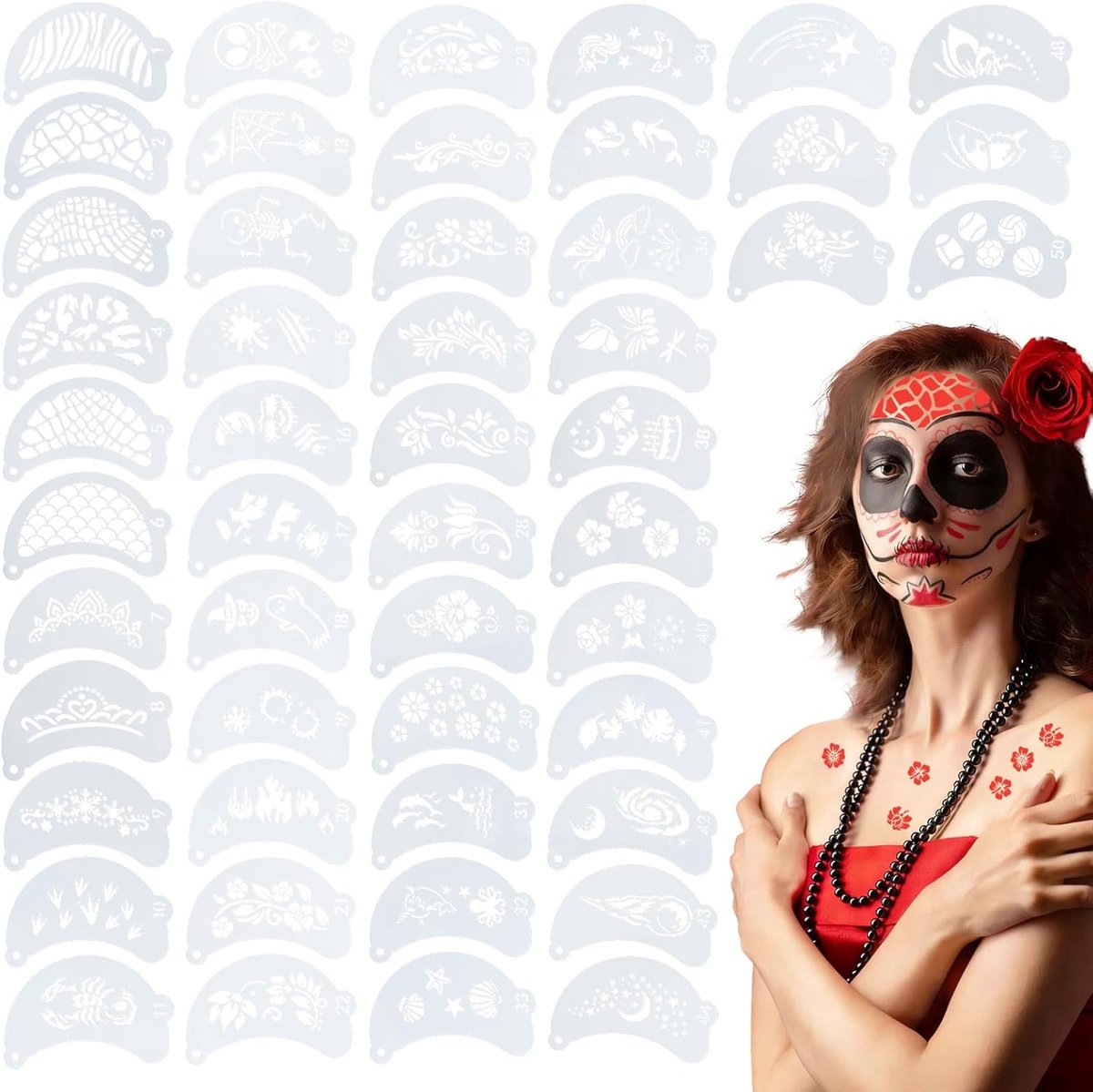 50 stuks set sjablonen voor make-up, herbruikbare gezichtssjablonen voor kinderen en volwassenen, tatoeagesjablonen voor Halloween, carnaval, feest, festival, lichaamskunst