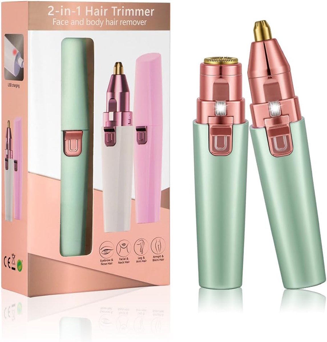 Epilator voor gezicht, dames, elektrisch, scheerapparaat, voor dames, wenkbrauwen, draadloos, oplaadbaar, voor lippen, bikini, arm met led, groen