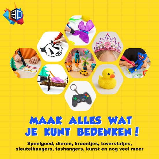 Collage van diverse 3D-geprinte objecten gemaakt met een 3D-pen, waaronder speelgoed, dieren, een kroon, toverstaf en controller sleutelhanger.
