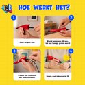 Vier stappen illustreren hoe de 3D-pen werkt: pen aansluiten, wachten tot lampje groen is, filament plaatsen en beginnen met tekenen.