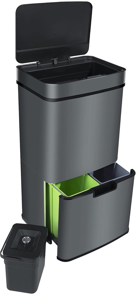 Automatische Sensor Vuilnisbak Roestvrij Staal 72 Liter 4 Compartimenten, kleur:Matt Grau