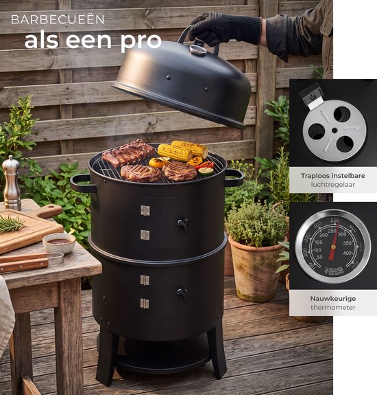 tectake® 3-in-1 Rookoven - Ø 41 cm - Rookvat met 2 Grillroosters, Thermometer en Luchtafvoer - Houtskool Barbecue - BBQ Grill - Grilloven - Smoker - Grillen, Garen en Roken van TecTake — afbeelding 4