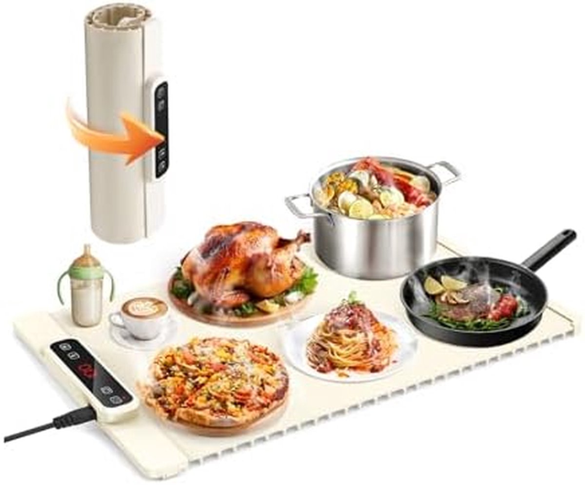 Elektrische Warmhoudplaat - Buffetwarmer Food Server - Eten Warm Houden - Waterdicht Ontwerp - 4 Uur Timer - Beige