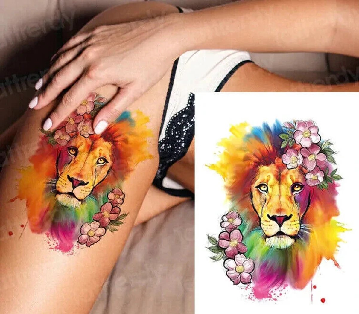 Temporary Tattoo Leeuw Lion (A5 formaat) [Neptattoo - Tijdelijke tatoeage - Nep Fake Tattoos - Water overdraagbare festival sticker henna outfit tattoo - Glitter tattoo - Volwassenen Kinderen Jongen Meisje]