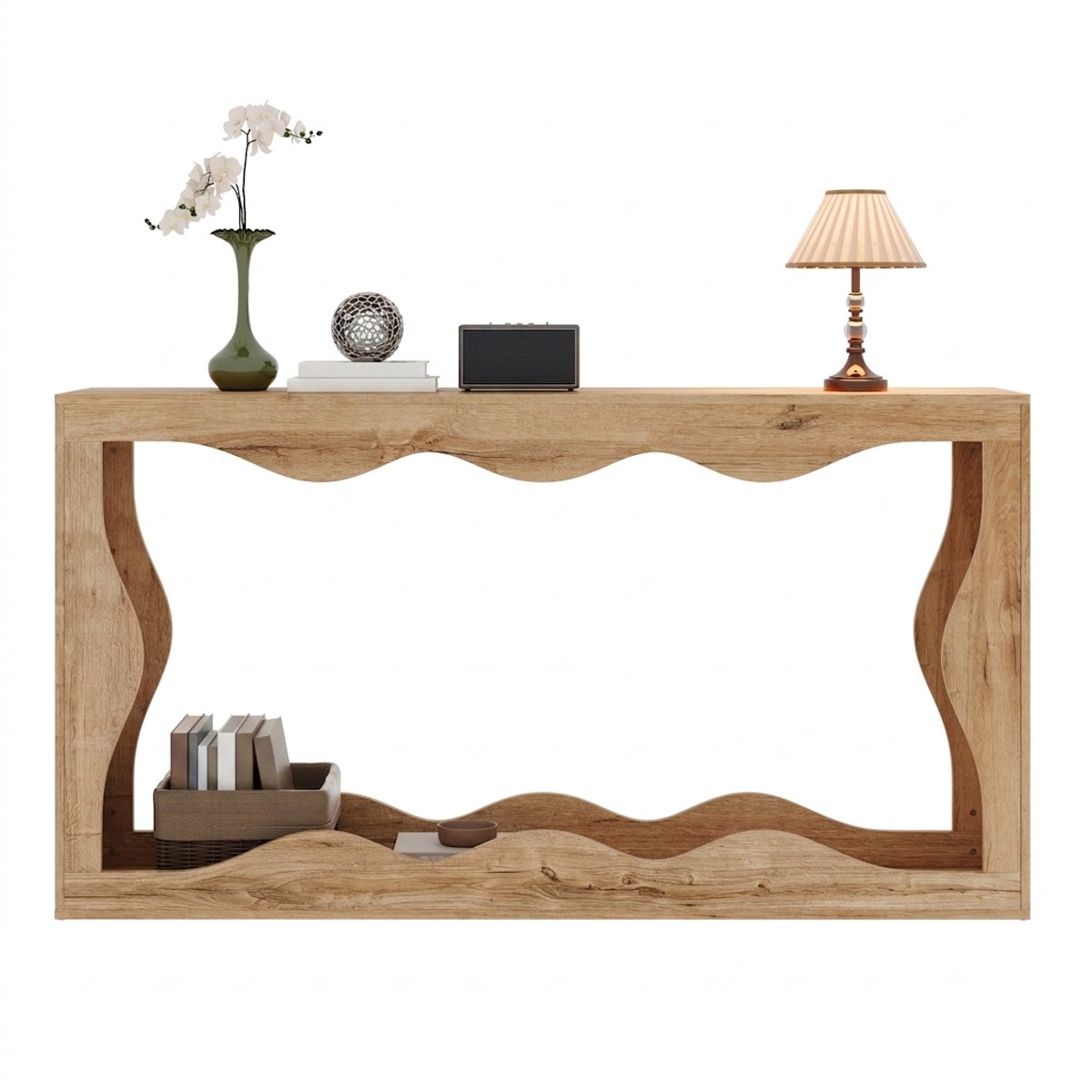 Tweelaagse consoletafel met golfrand, houtlook en natuurlijke rand – bijzet- en decotafel voor woonkamer en hal