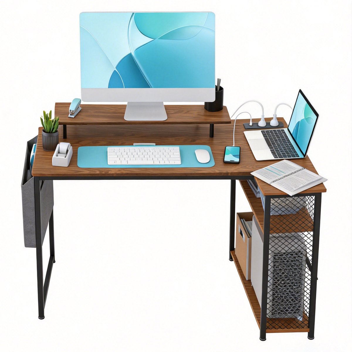 Gaming Hoekbureau 120x70cm, Bruin | L-vormige Gamingtafel met Plank, 2 USB en 2 Stopcontacten, Monitorstandaard, voor Thuiskantoor en Gamers