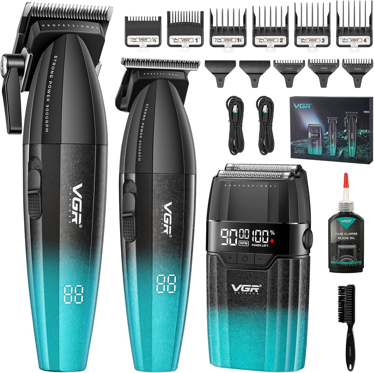 Professionele Tondeuse Set Mannen Draadloos 9000RPM Haartrimmer Baardtrimmer 3-in-1 Scheerapparaat LED Display 9 Opzetkammen