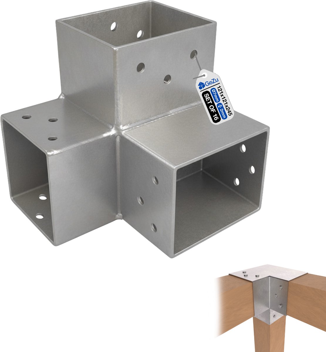 GeZu Impex Paalverbinder Y 121x121 mm Set van 16 Thermisch Verzinkt Pergola 3-Weg Hoekverbinder Paviljoen Doe-Het-Zelf Houtbewerking Beugel