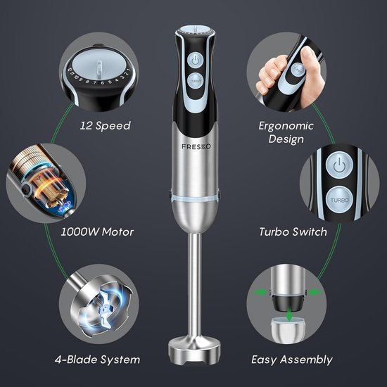4-in-1 staafmixer met 1000 W vermogen en 12 snelheden van Domo — afbeelding 4