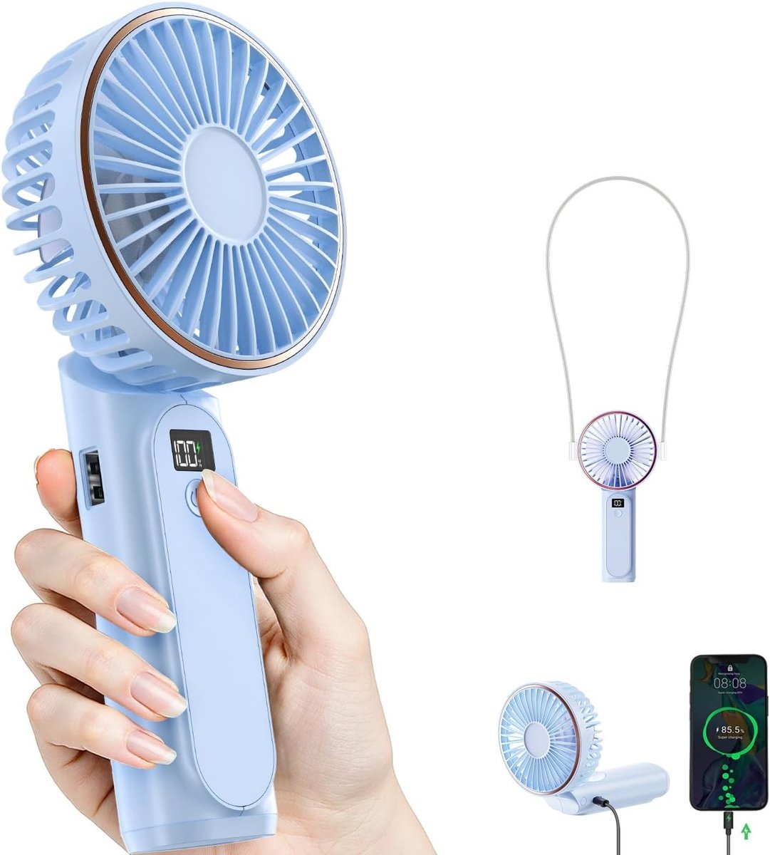 Draagbare handventilator oplaadbaar - 6 snelheden, 4000mAh accu, 180 graden verstelbaar, opvouwbaar en stil