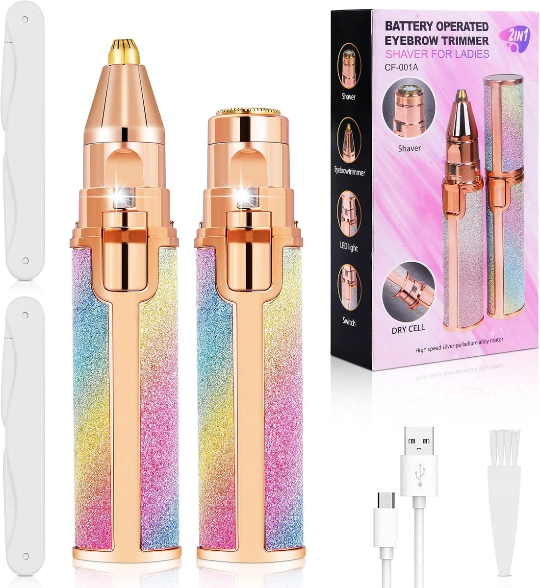 Facial Hair Remover voor Dames, 2 in 1 Elektrische Wenkbrauw Trimmer & Face Hair Remover met Ledlicht, Professional Face Hair Trimmer Oplaadbaar Pijnloos Elektrische Epilator voor Gezicht Benen Oksel, Neus, Armen, Bikinilijn en Wenkbrauw