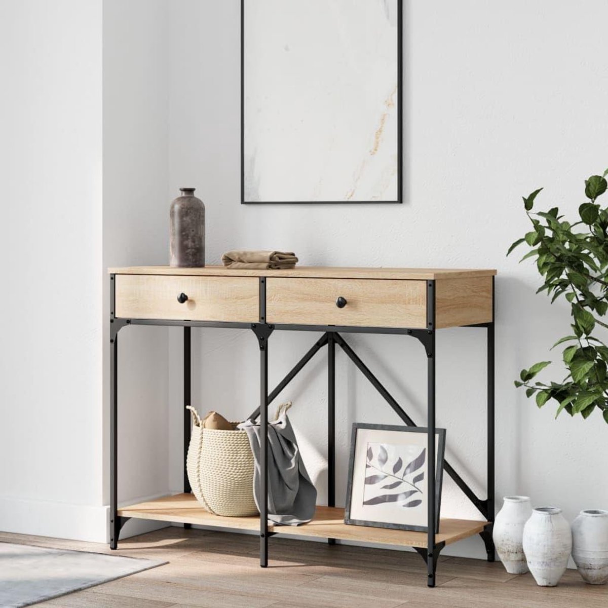 Consoletafel met laden - Bijzettafel hal - Entree opruimen - Verstelbare poten - 100 cm breed - Sonoma eiken