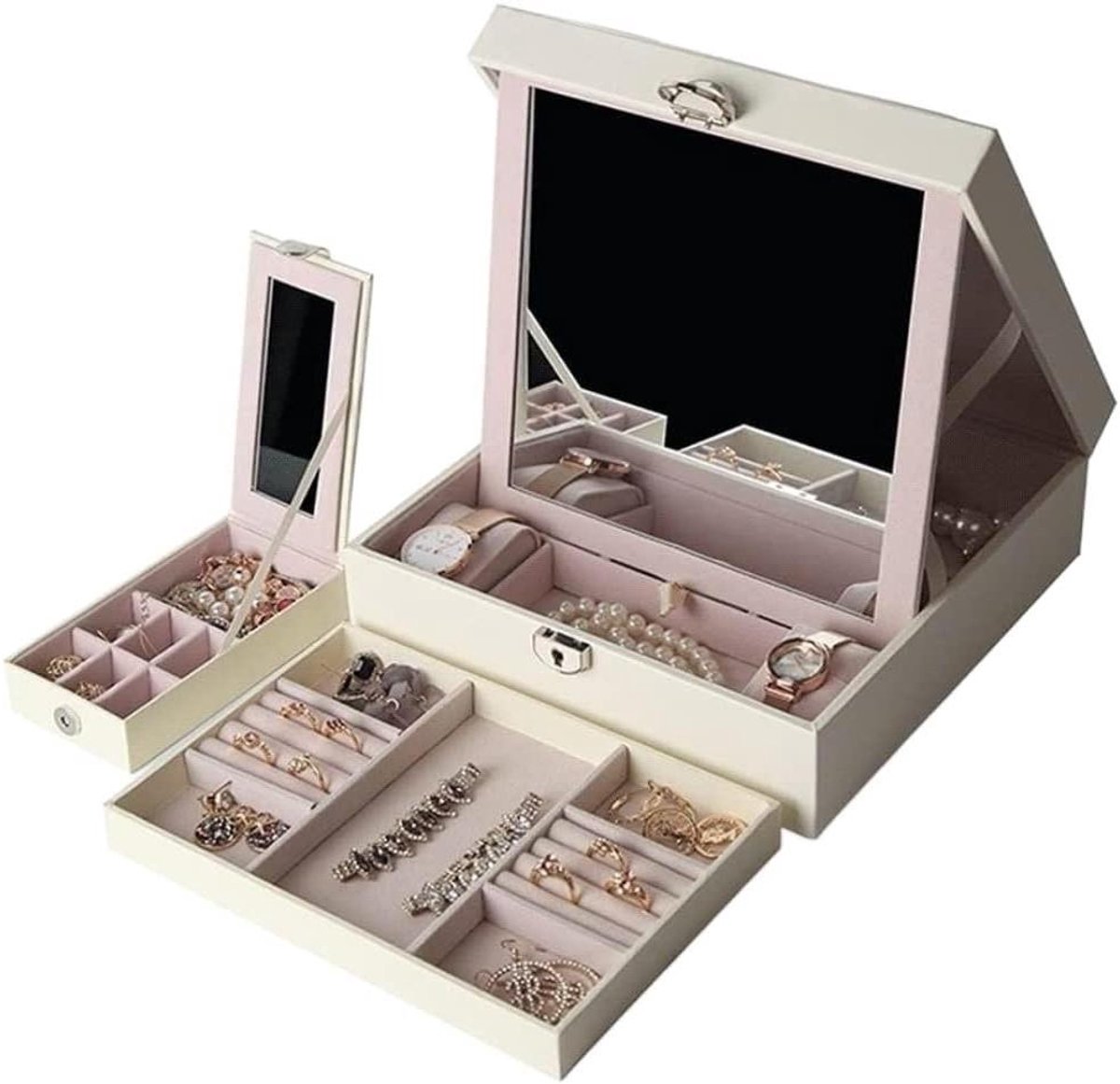 Juwelendoos - Opbergdoos Sieraden - Sieraden Opbergen - Met Groot Spiegel - 25 x 25 x 8cm - Wit