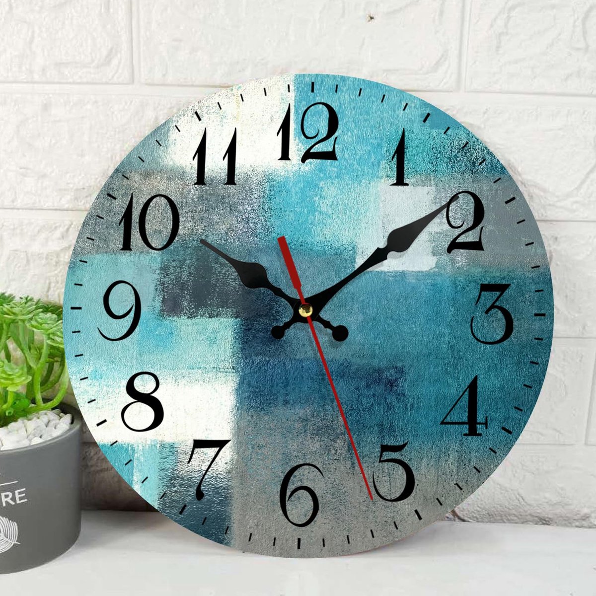 SnelShoppen - Turquoise Houten Wandklok Stil Niet-Tikkend Ronde Klok met Grote Arabische Cijfers, Abstract Schilderij, Decor voor Thuis, Keuken, Woonk