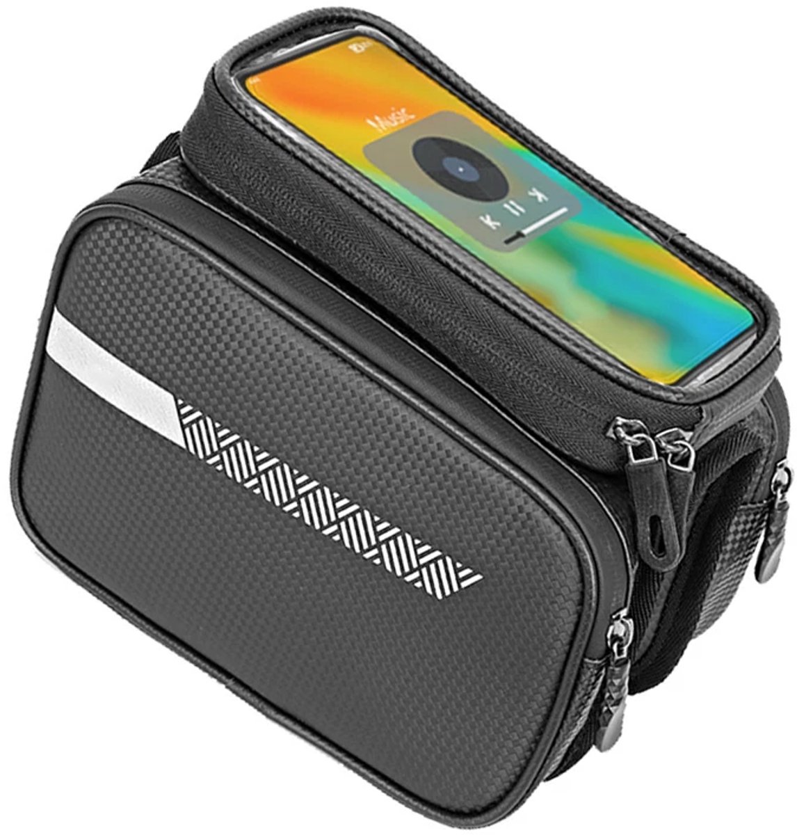 Ulisem - Fiets opbergtas - Waterdichte fietstas met telefoonvak - 20x13x14 cm - PVC+PU materiaal - Beschermt tegen regen - Extra opbergvak voor tools en snacks - Reflecterende strips - Geschikt voor mountainbike en e-bike - Zwart