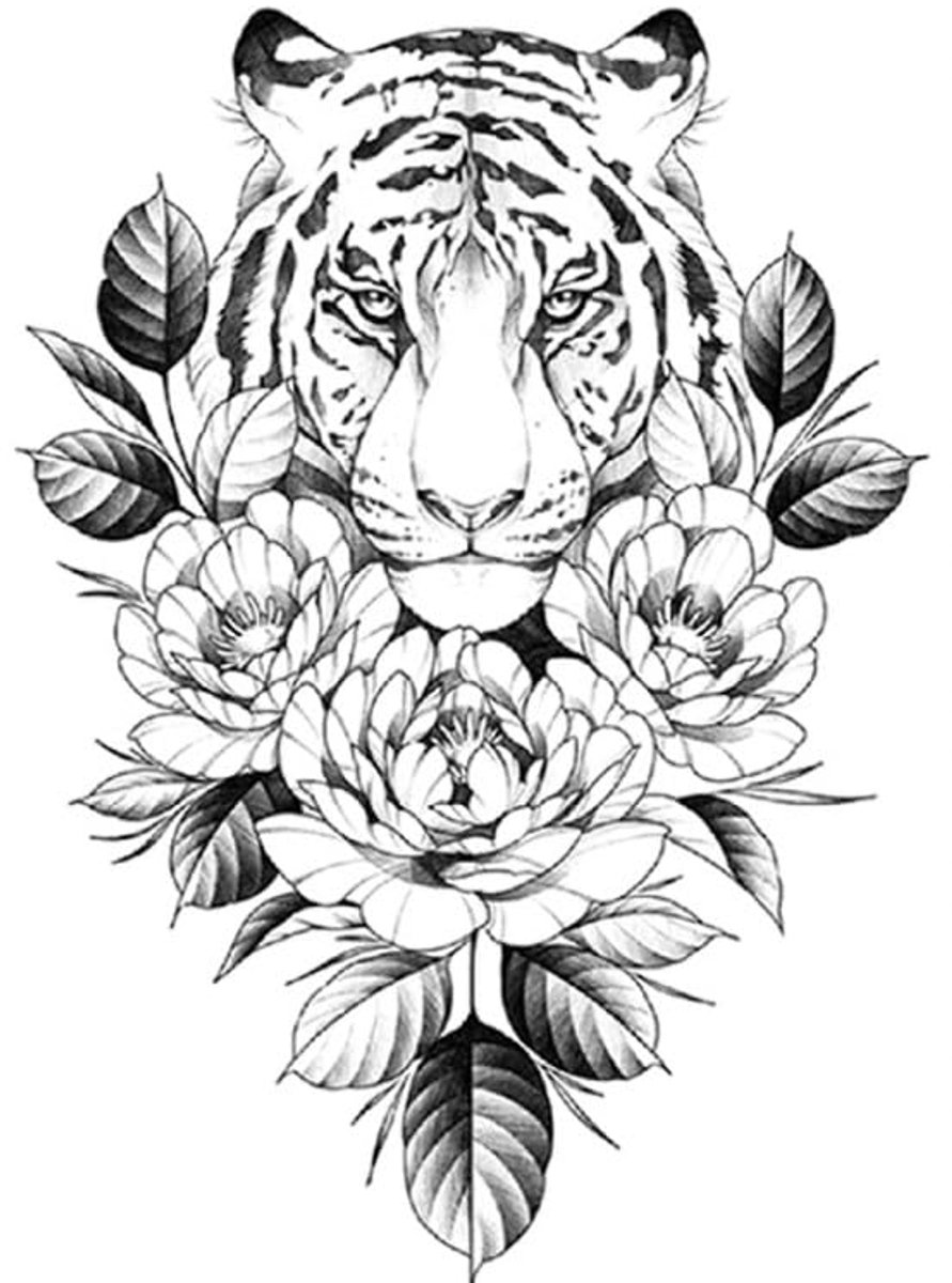 Temporary Tattoo Tijger Bloemen (A5 formaat) [Neptattoo - Tijdelijke tatoeage - Nep Fake Tattoos - Water overdraagbare festival sticker henna outfit tattoo - Glitter tattoo - Volwassenen Kinderen Jongen Meisje]