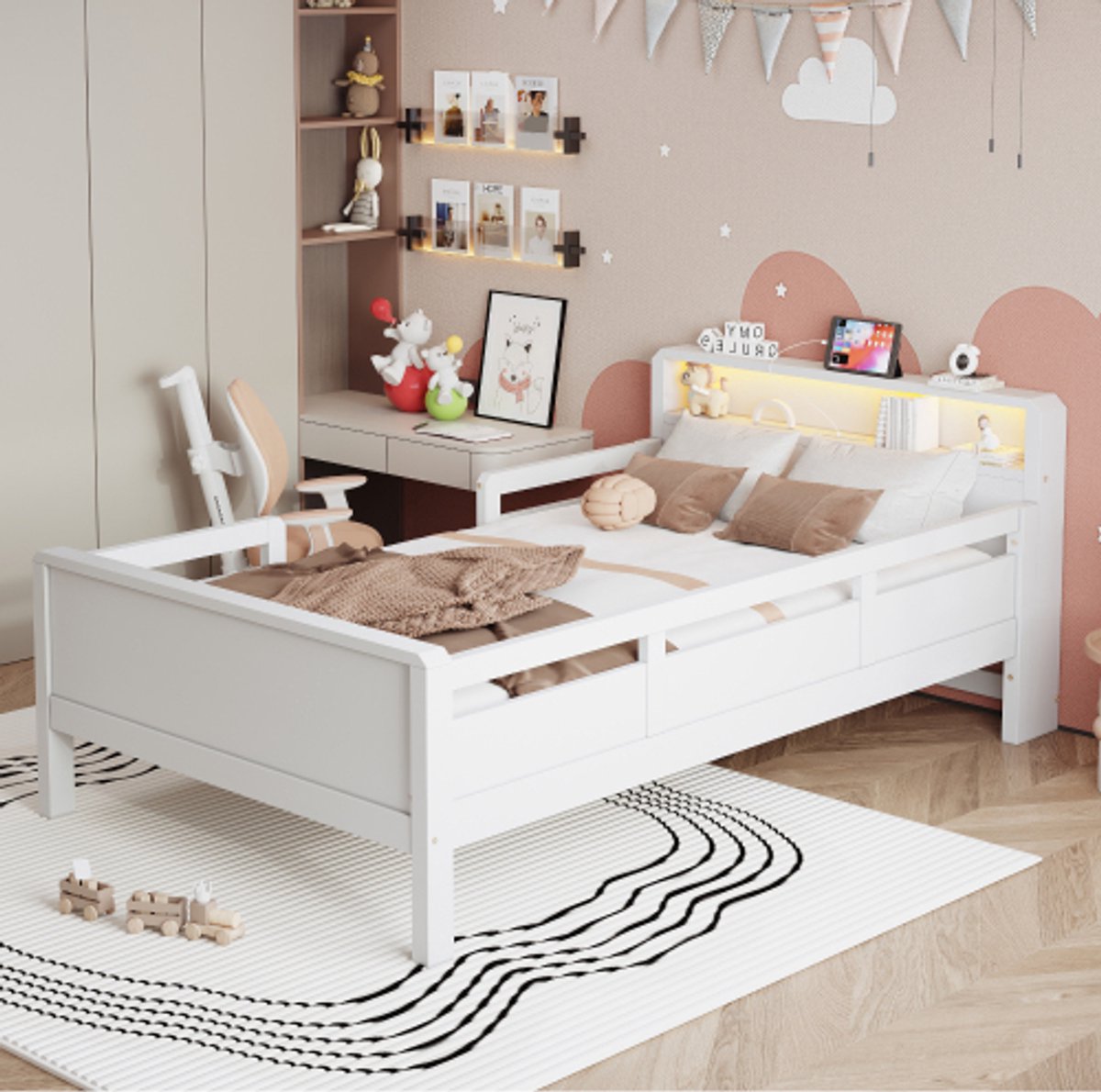 Kinderbed 90x200 cm met USB & Type-C Aansluiting - Houten Eenpersoonsbed met LED Lampje - Grenenhout Bedframe met Uitvalbeveiliging & Opbergvak - Wit