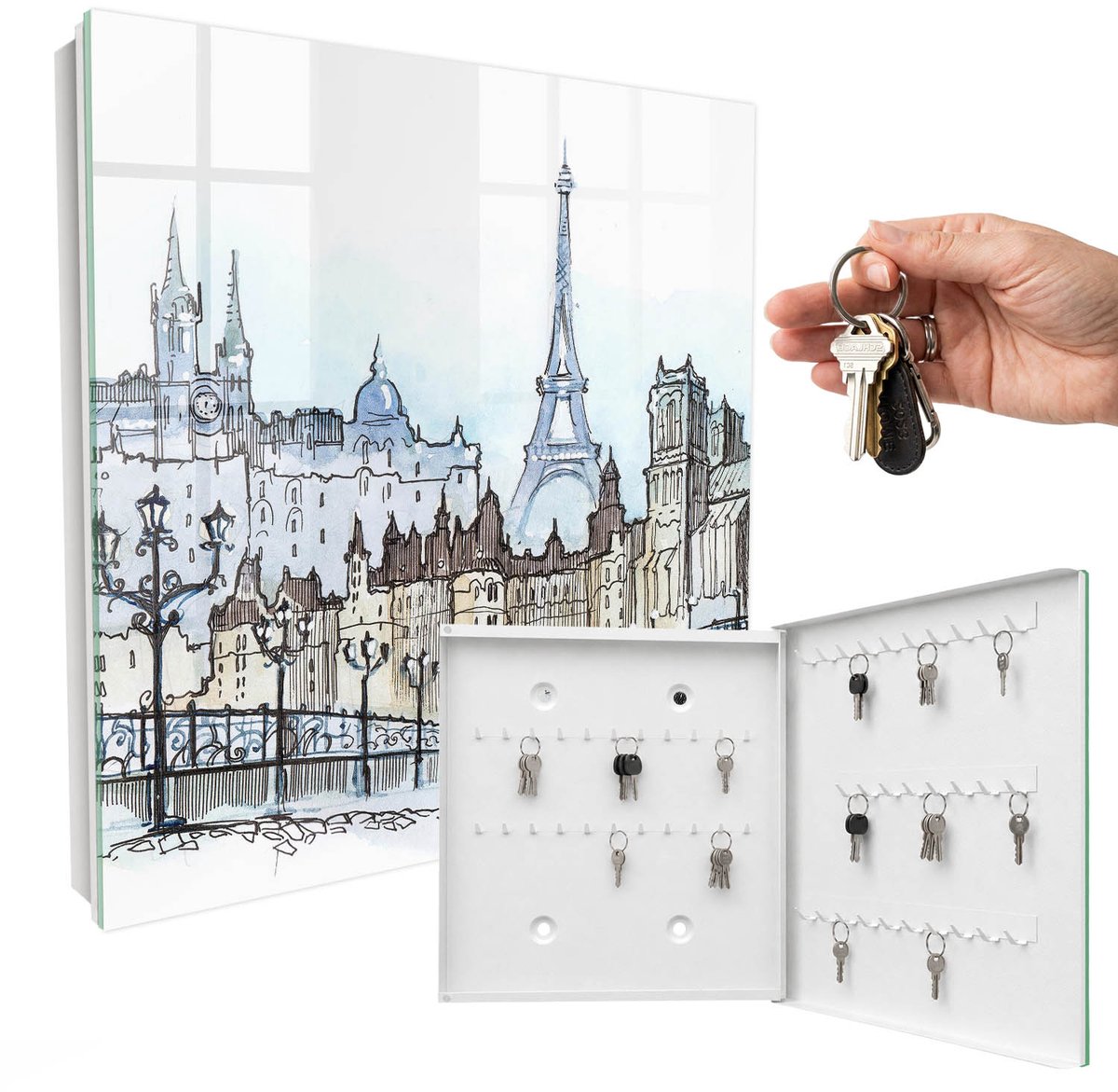 WallMuralia - Sleutelkast - 30x30x5 cm - met 50 haken - Sterke Toren Sleutelkastje Muur - Blauw Sleutelbox - Rechtsopenend - Wit interieur