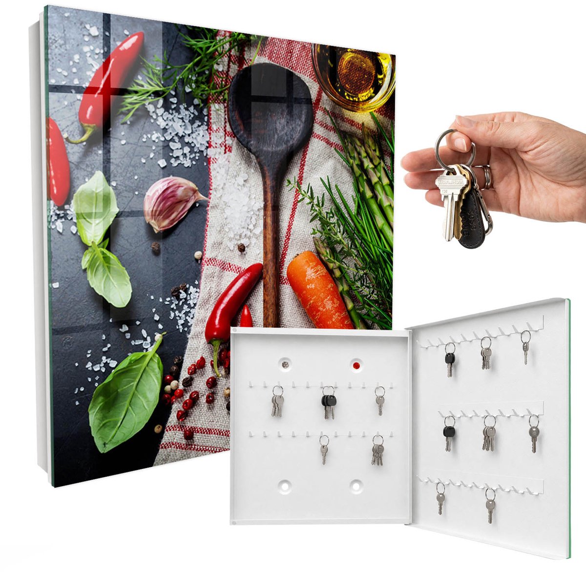 WallMuralia - Sleutelkast - 30x30x5 cm - met 50 haken - Keukeninspiratie Sleutelkastje Landelijk - Zwart Sleutelbox - Rechtsopenend - Wit interieur