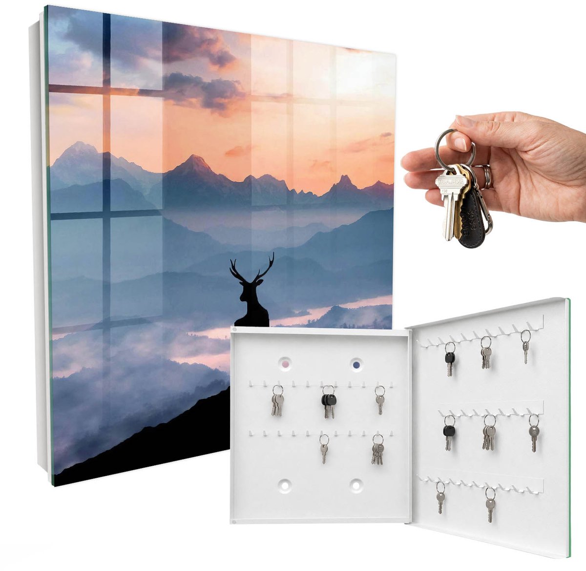 WallMuralia - Sleutelkast - 30x30x5 cm - met 50 haken - Berg Harmonie Sleutelkastje Huis - Blauw Sleutelbox - Rechtsopenend - Wit interieur