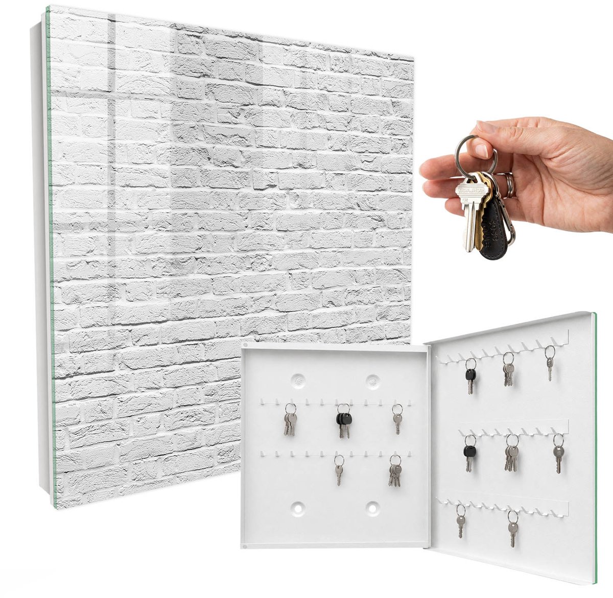 WallMuralia - Sleutelkast - 30x30x5 cm - met 50 haken - Bakstenen Muur Sleutelkastje Muur - Grijs Sleutelbox - Rechtsopenend - Wit interieur