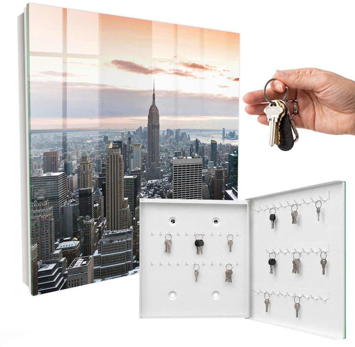WallMuralia - Sleutelkast - 30x30x5 cm - met 50 haken - Stadspanorama Sleutelkastje Modern - Grijs Sleutelbox - Rechtsopenend - Wit interieur