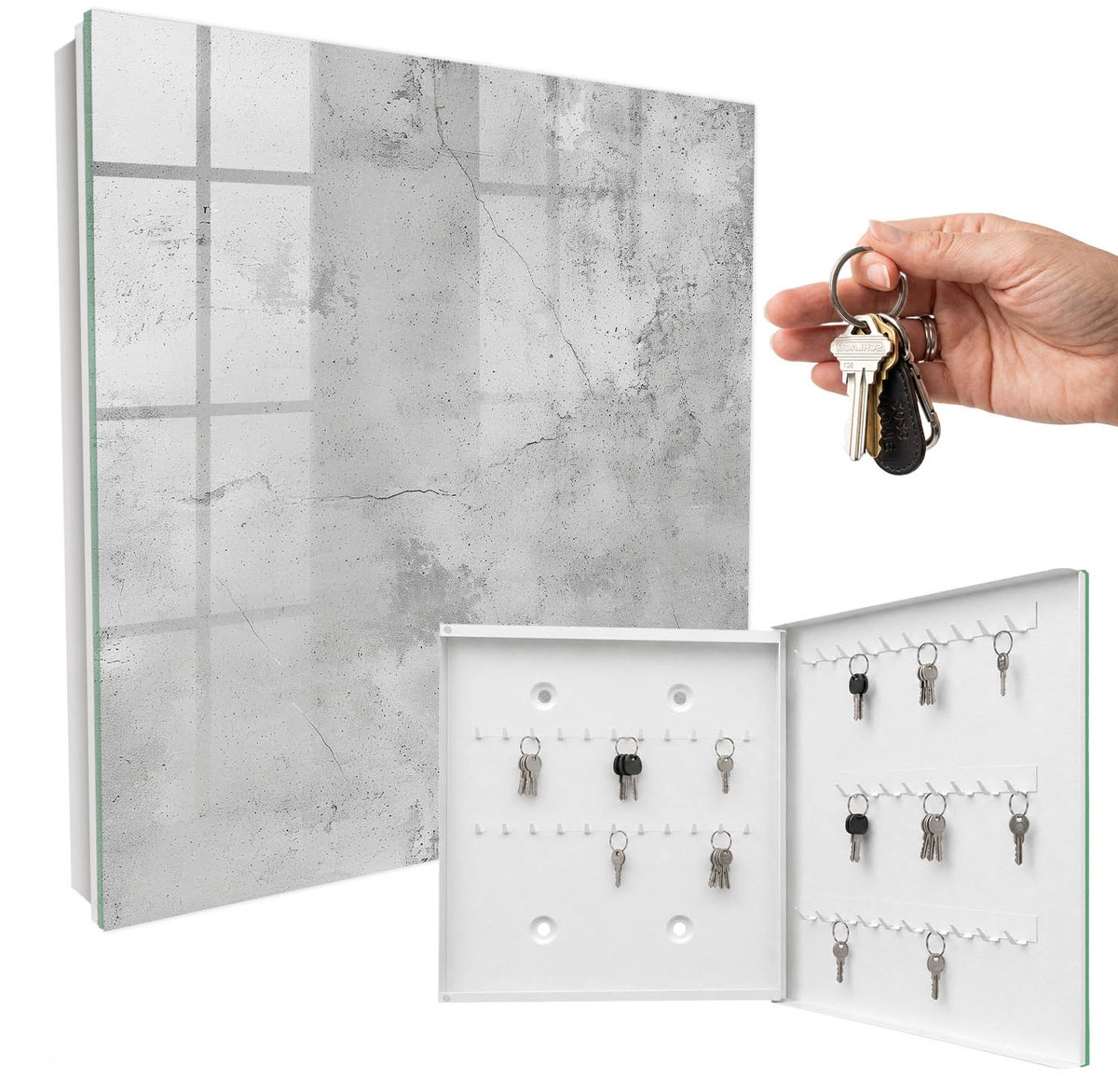 WallMuralia - Sleutelkast - 30x30x5 cm - met 50 haken - Rauwe Elegantie Sleutelkastje Voor Binnen - Grijs Sleutelbox - Rechtsopenend - Wit interieur