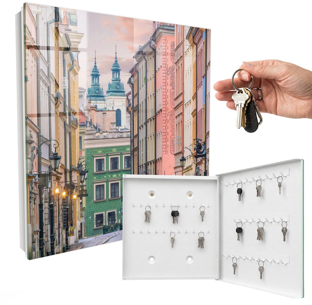 WallMuralia - Sleutelkast - 30x30x5 cm - met 50 haken - Kleurrijke Huurkazernes Leuk Sleutelkastje - Roze Sleutelbox - Rechtsopenend - Wit interieur