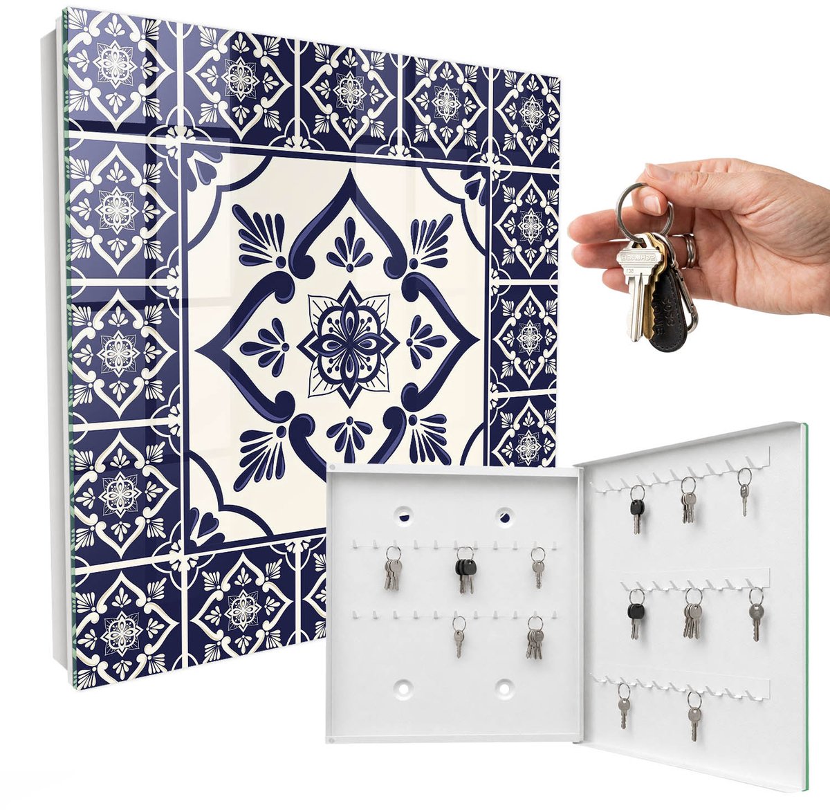 WallMuralia - Sleutelkast - 30x30x5 cm - met 50 haken - Klassieke Elegantie Sleutelkastje Industrieel - Marine Sleutelbox - Rechtsopenend - Wit interieur