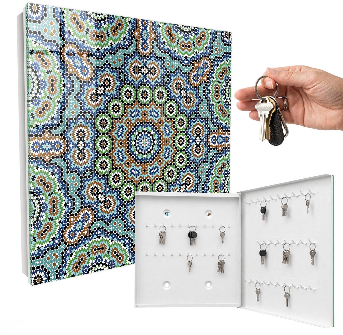 WallMuralia - Sleutelkast - 30x30x5 cm - met 50 haken - Kleurrijk Mozaïek Sleutelkastje - Blauw Sleutelbox - Rechtsopenend - Wit interieur