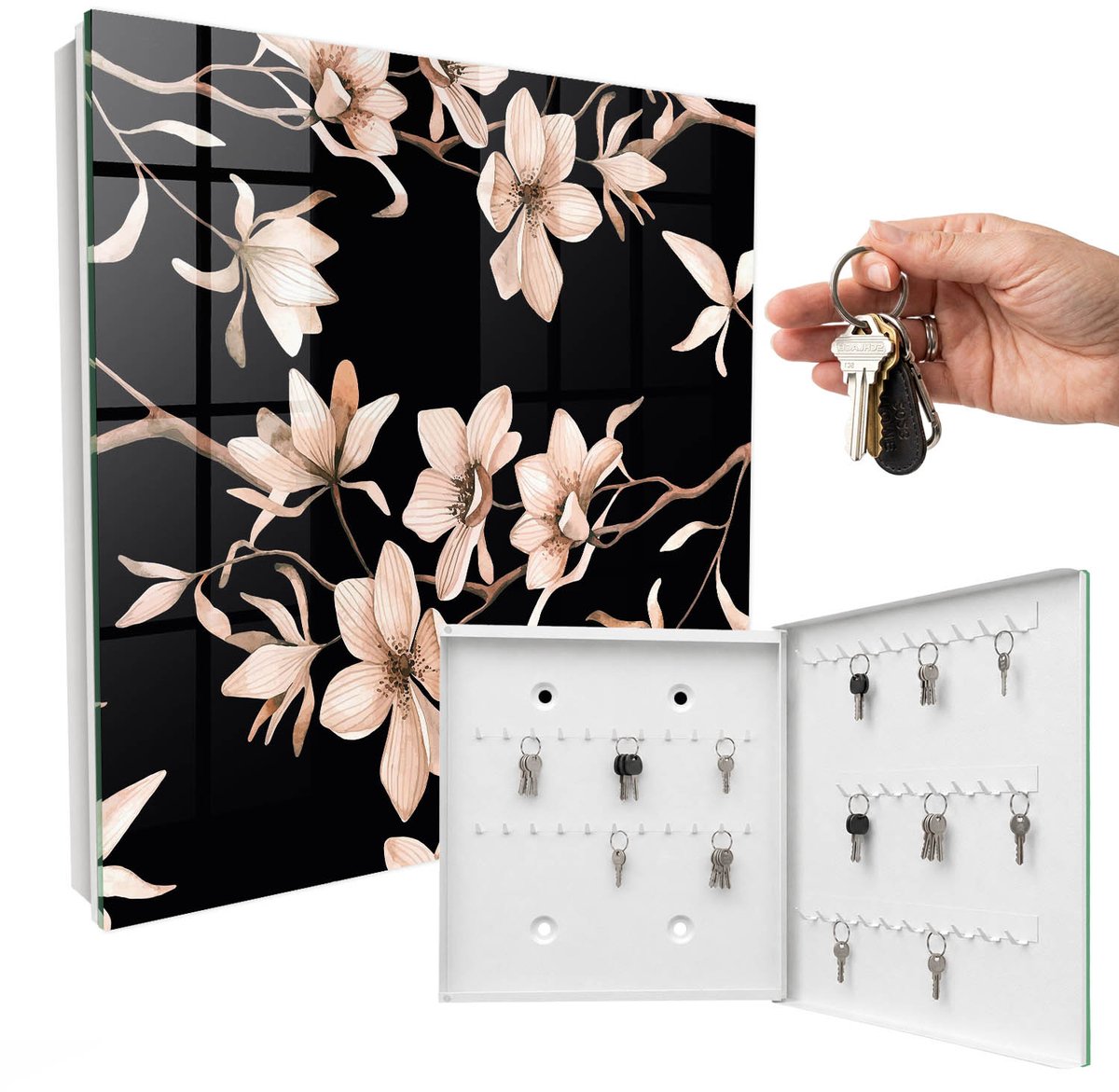 WallMuralia - Sleutelkast - 30x30x5 cm - met 50 haken - Crème Bloemen Sleutelkastje Landelijk - Zwart Sleutelbox - Rechtsopenend - Wit interieur
