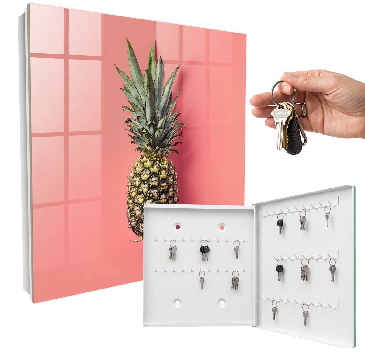 WallMuralia - Sleutelkast - 30x30x5 cm - met 50 haken - Exotische Ananas Sleutelkastje Voor Binnen - Roze Sleutelbox - Rechtsopenend - Wit interieur