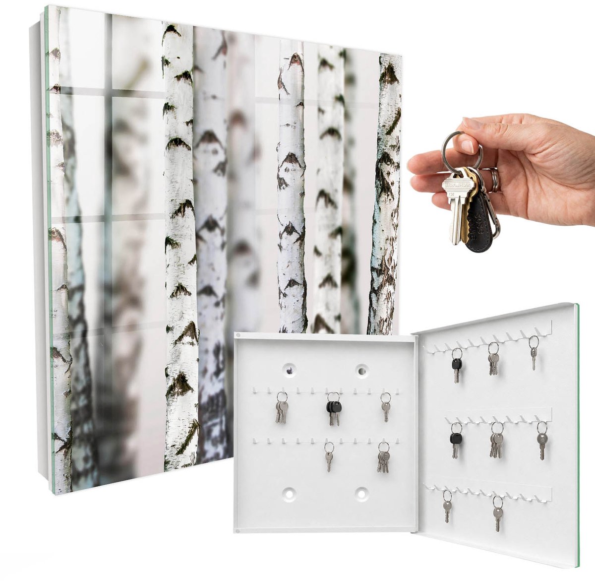 WallMuralia - Sleutelkast - 30x30x5 cm - met 50 haken - Berkenstammen Sleutelkastje Gang - Wit Sleutelbox - Rechtsopenend - Wit interieur