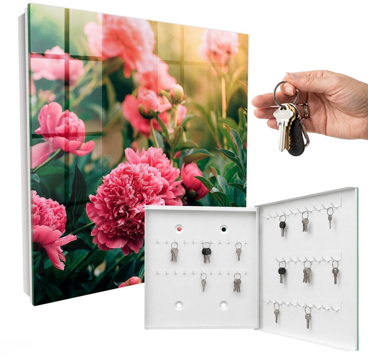 WallMuralia - Sleutelkast - 30x30x5 cm - met 50 haken - Roze Pioenrozen Groot Sleutelkastje - Roze Sleutelbox - Rechtsopenend - Wit interieur
