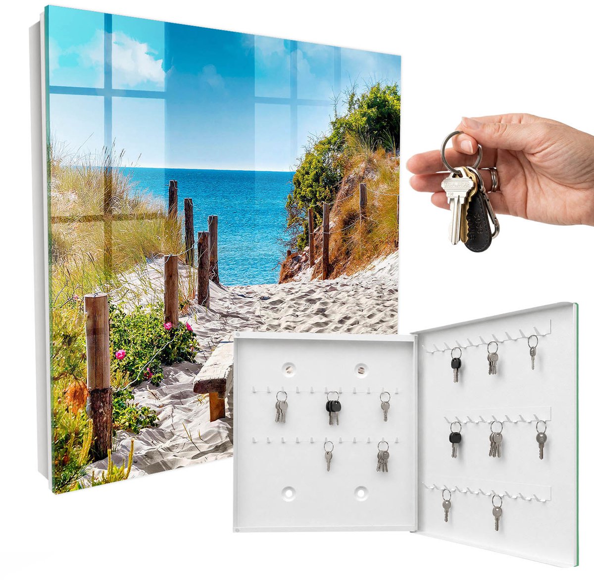 WallMuralia - Sleutelkast - 30x30x5 cm - met 50 haken - Pad Langs De Kust Sleutelkastje Design - Blauw Sleutelbox - Rechtsopenend - Wit interieur