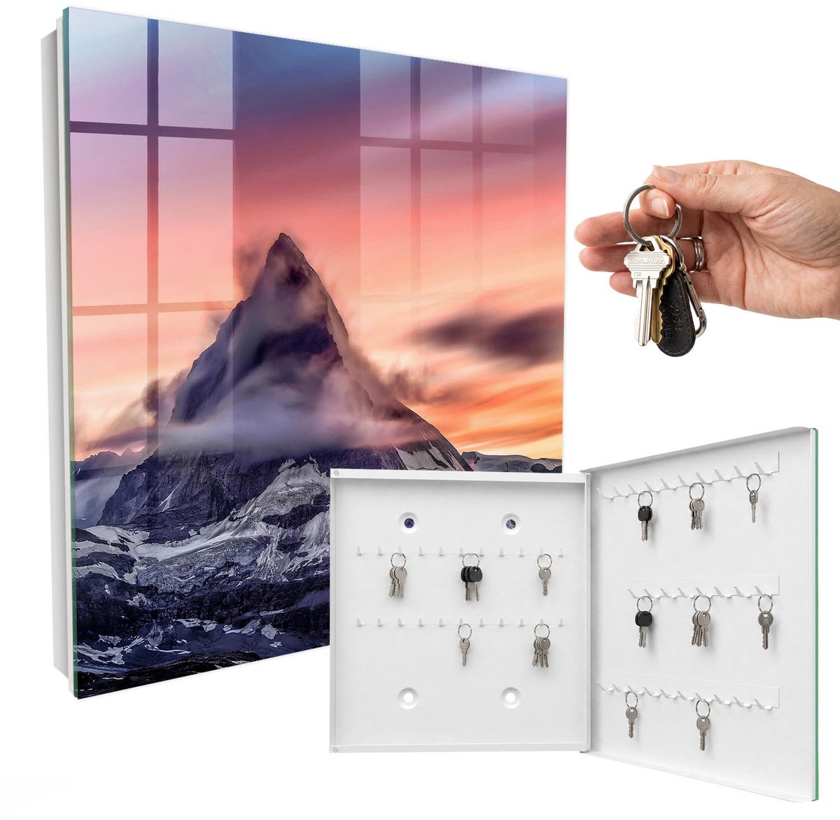 WallMuralia - Sleutelkast - 30x30x5 cm - met 50 haken - Bergmagie Design Sleutelkastje - Paars Sleutelbox - Rechtsopenend - Wit interieur