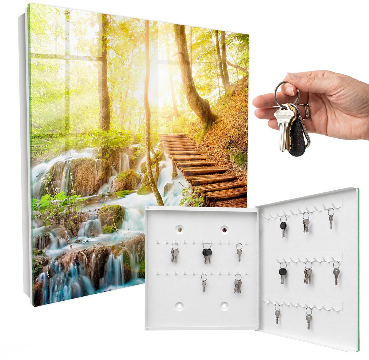 WallMuralia - Sleutelkast - 30x30x5 cm - met 50 haken - Een Boshoek Sleutelkastje Gang - Groente Sleutelbox - Rechtsopenend - Wit interieur