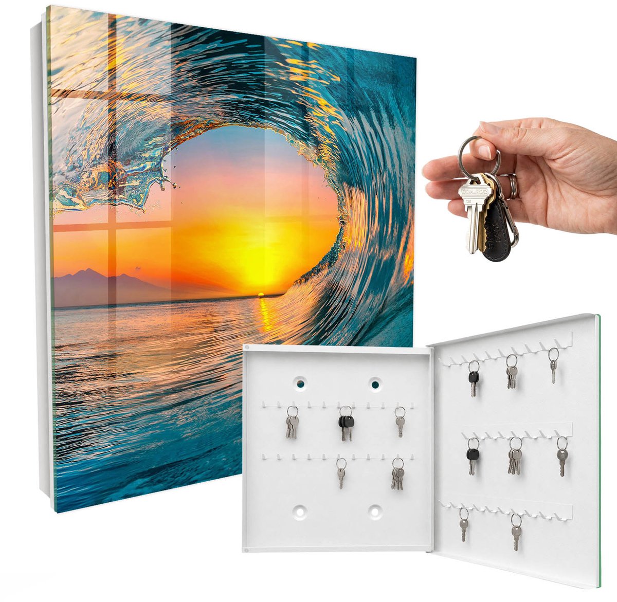 WallMuralia - Sleutelkast - 30x30x5 cm - met 50 haken - West Wave Sleutelkastje Huis - Turkoois Sleutelbox - Rechtsopenend - Wit interieur