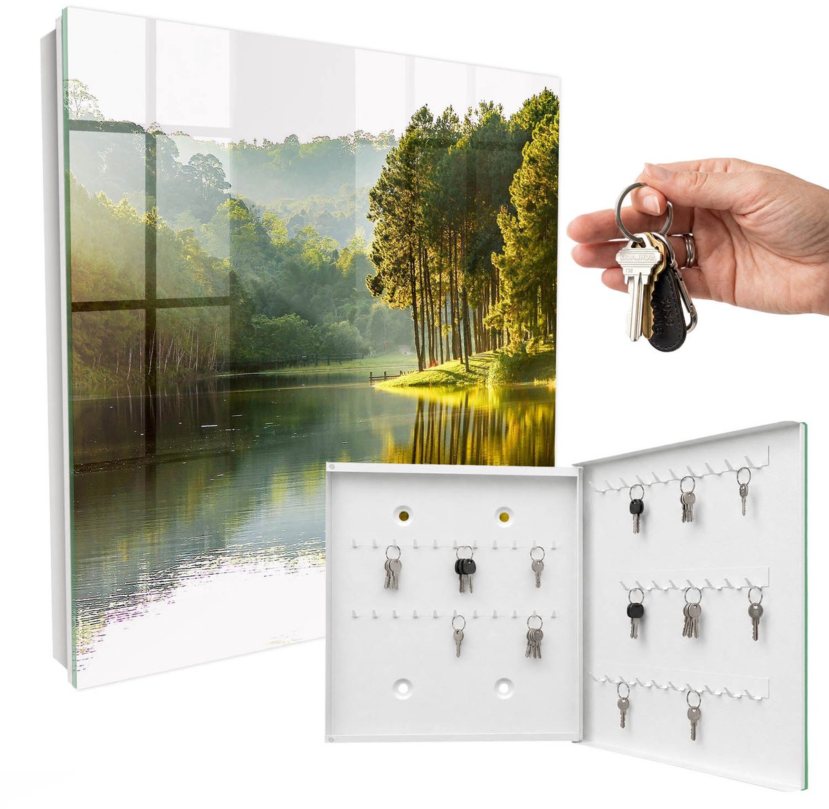 WallMuralia - Sleutelkast - 30x30x5 cm - met 50 haken - Groen Landschap Sleutelkastje Muur - Groente Sleutelbox - Rechtsopenend - Wit interieur