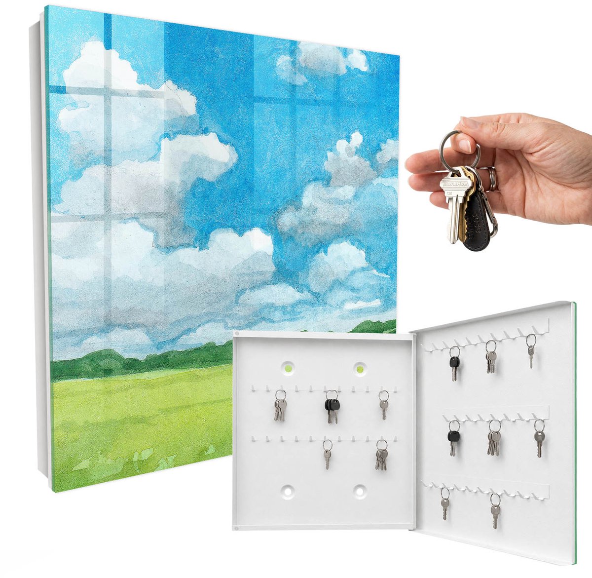 WallMuralia - Sleutelkast - 30x30x5 cm - met 50 haken - Zomerlandschap Sleutelkastje Binnen - Blauw Sleutelbox - Rechtsopenend - Wit interieur