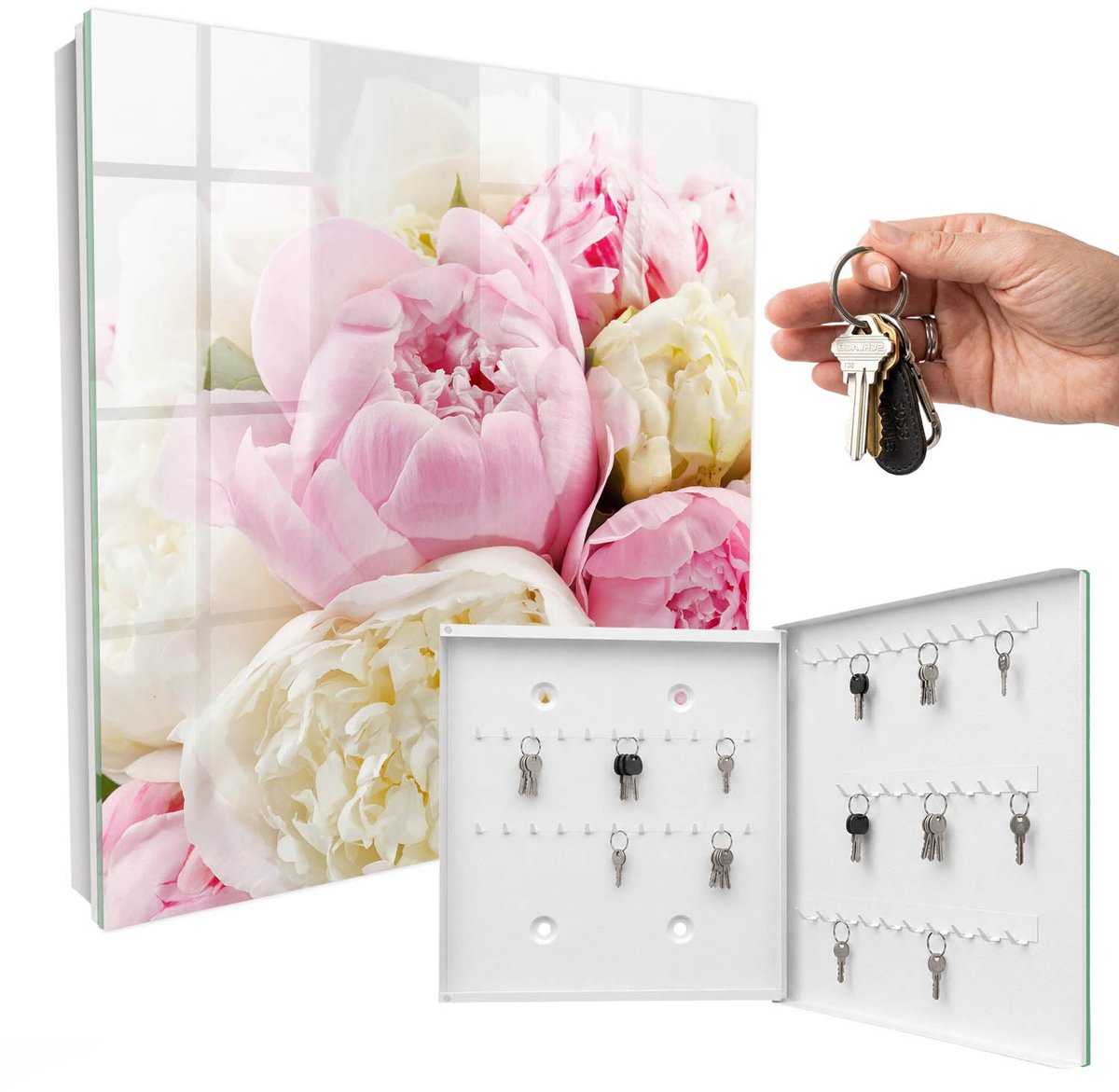WallMuralia - Sleutelkast - 30x30x5 cm - met 50 haken - Pastelkleurige Bloemen Design Sleutelkastje - Roze Sleutelbox - Rechtsopenend - Wit interieur