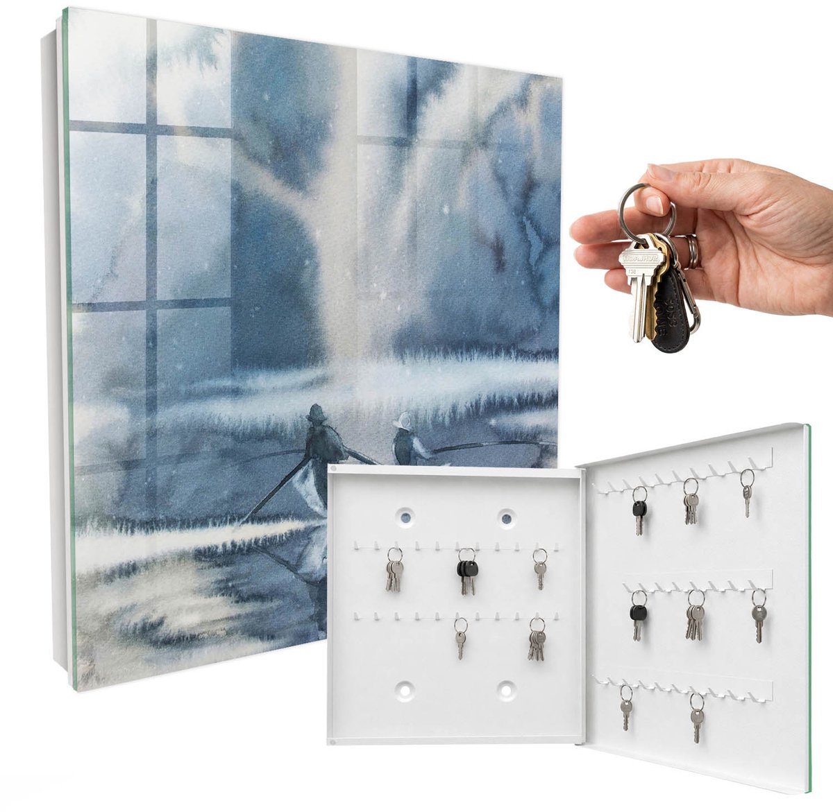 WallMuralia - Sleutelkast - 30x30x5 cm - met 50 haken - Gedwongen Stilte Sleutelkastje Modern - Blauw Sleutelbox - Rechtsopenend - Wit interieur