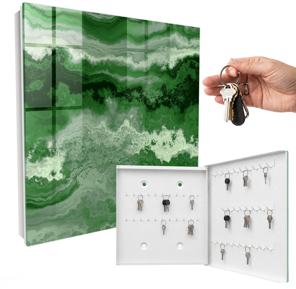 WallMuralia - Sleutelkast - 30x30x5 cm - met 50 haken - Groene Structuur Sleutelkastje - Groente Sleutelbox - Rechtsopenend - Wit interieur
