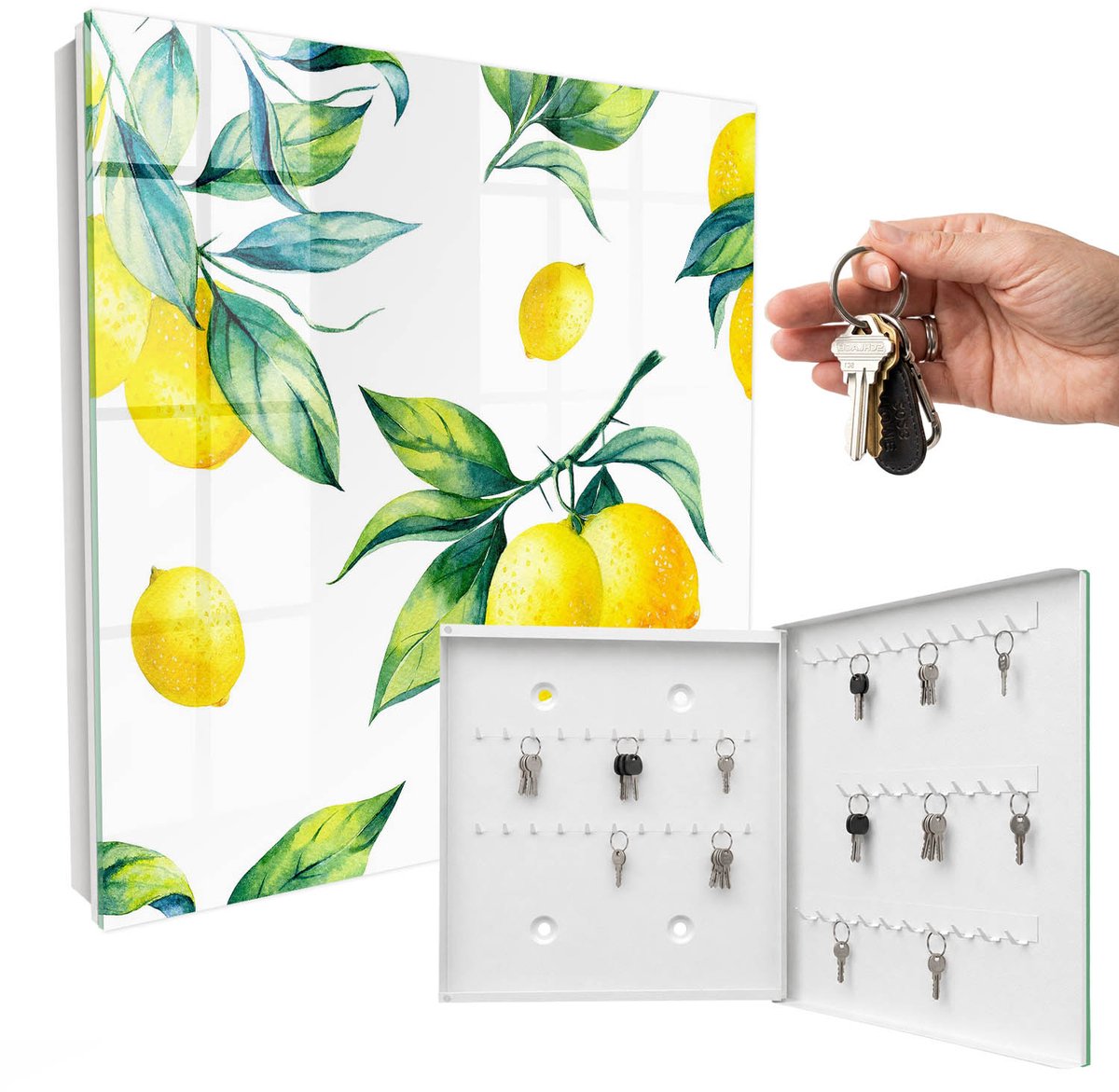 WallMuralia - Sleutelkast - 30x30x5 cm - met 50 haken - Aquarel Citroenen Sleutelkastje Modern - Geel Sleutelbox - Rechtsopenend - Wit interieur