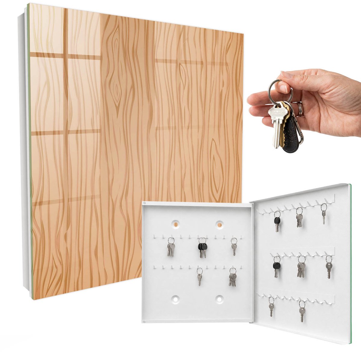 WallMuralia - Sleutelkast - 30x30x5 cm - met 50 haken - Houtstructuur Sleutelkastje Klein - Bruin Sleutelbox - Rechtsopenend - Wit interieur